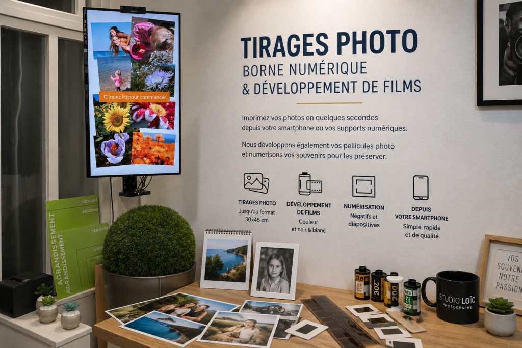 Borne de tirage photo au Studio Loïc Photographe à Vertou. Impression de photos depuis smartphone, développement de pellicules et numérisation de négatifs.